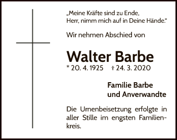 Traueranzeige von Walter Barbe von WLZ