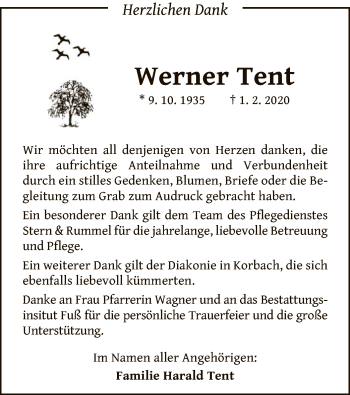 Traueranzeige von Werner Tent von WLZ