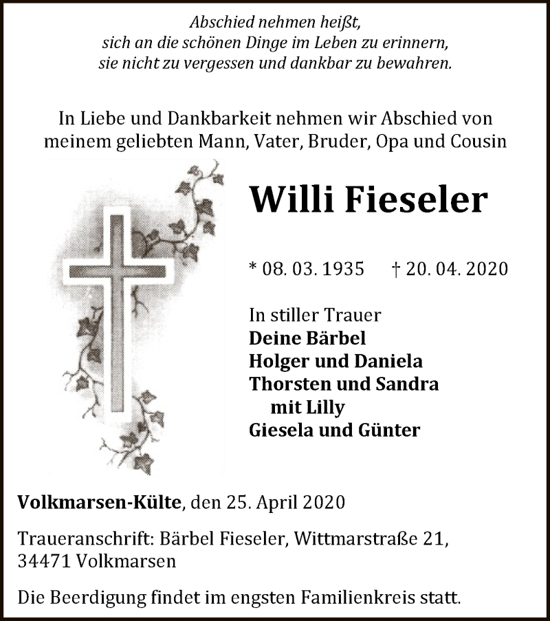  Traueranzeige für Willi Fieseler vom 25.04.2020 aus WLZ