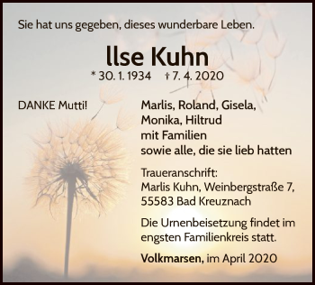 Traueranzeige von llse Kuhn von WLZ