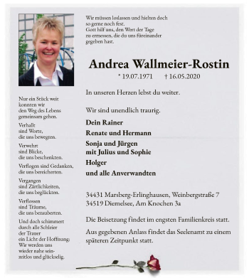 Traueranzeige von Andrea Wallmeier-Rostin von WLZ