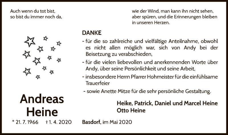  Traueranzeige für Andreas Heine vom 16.05.2020 aus WLZ