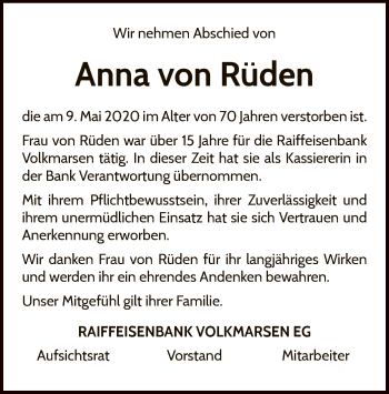 Traueranzeige von Anna von Rüden von WLZ