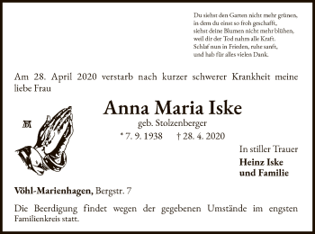 Traueranzeige von Anna Maria Iske von WLZ