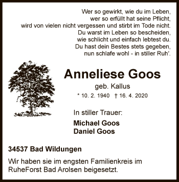 Traueranzeige von Anneliese Goos von WLZ