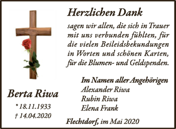 Traueranzeige von Berta Riwa von WLZ