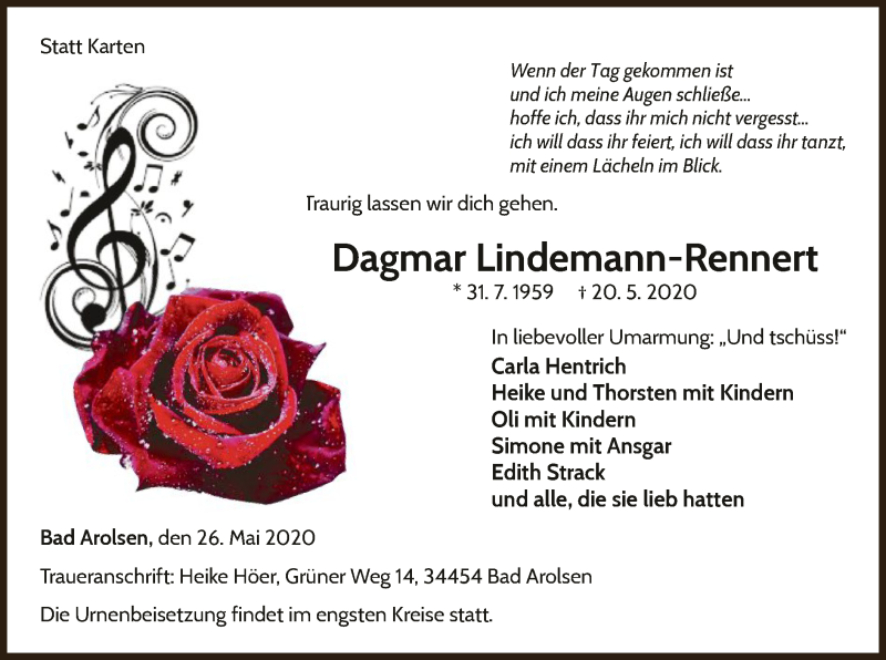  Traueranzeige für Dagmar Lindemann-Rennert vom 26.05.2020 aus WLZ