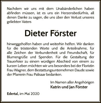 Traueranzeige von Dieter Förster von WLZ