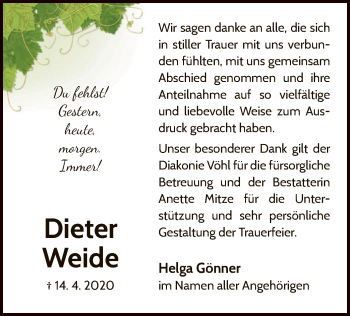 Traueranzeige von Dieter Weide von WLZ