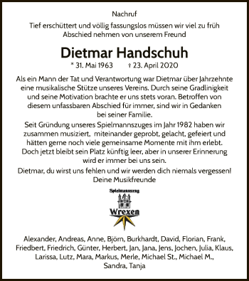 Traueranzeige von Dietmar Handschuh von WLZ