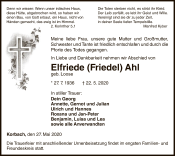 Traueranzeige von Elfriede Ahl von WLZ