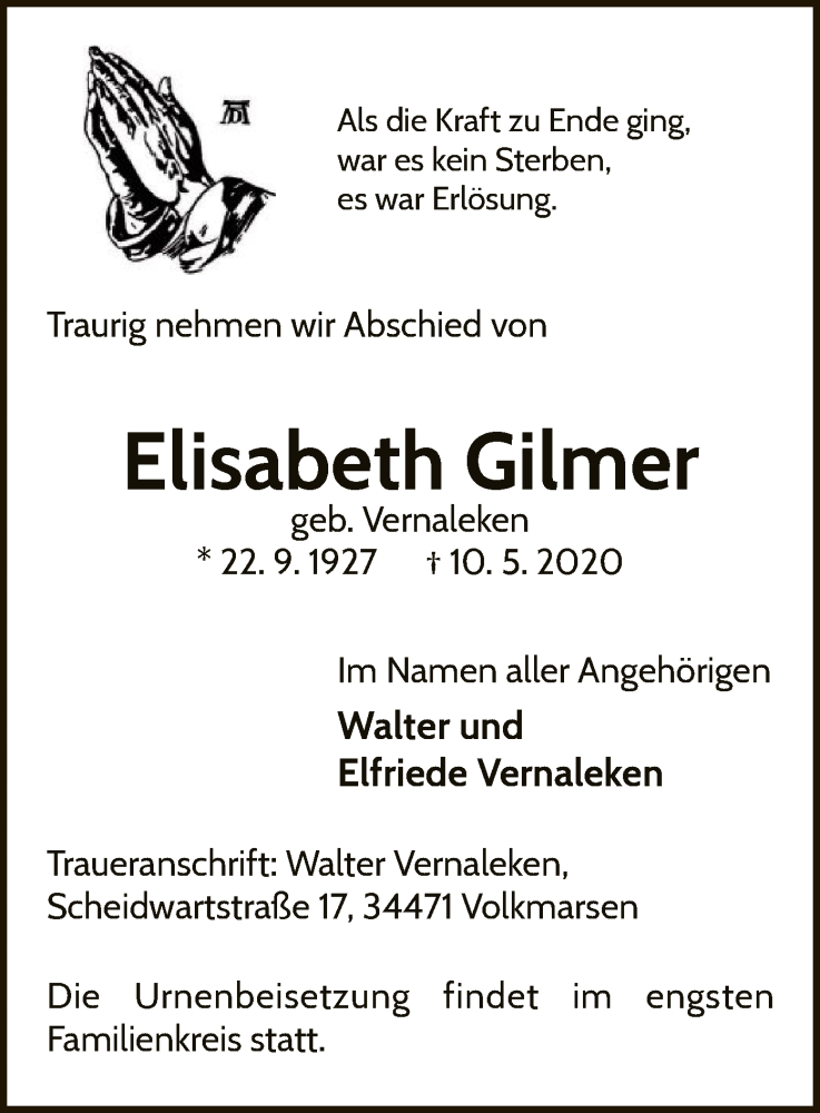  Traueranzeige für Elisabeth Gilmer vom 15.05.2020 aus WLZ