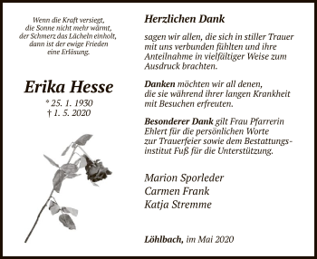 Traueranzeige von Erika Hesse von HNA