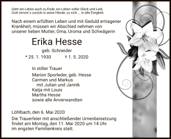 Traueranzeige von Erika Hesse von HNA