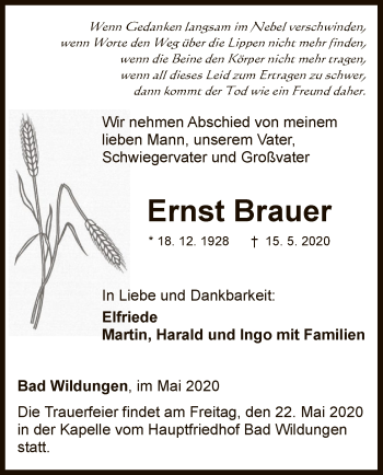 Traueranzeige von Ernst Brauer von WLZ