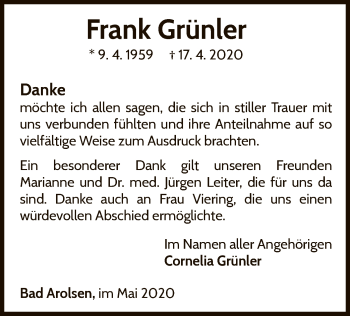 Traueranzeige von Frank Grünler von WLZ