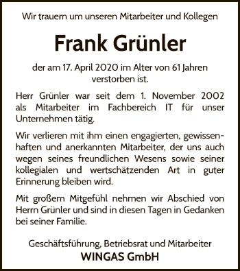 Traueranzeige von Frank Grünler von WLZ
