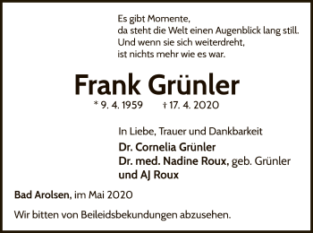 Traueranzeige von Frank Grünler von WLZ