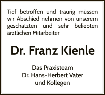 Traueranzeige von Franz Kienle von WLZ