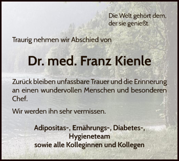 Traueranzeige von Franz Kienle von WLZ