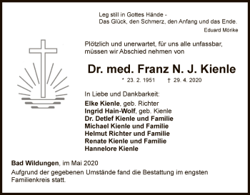 Traueranzeige von Franz N. J. Kienle von WLZ
