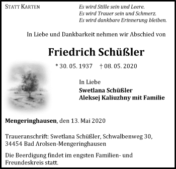 Traueranzeige von Friedrich Schüßler von WLZ