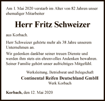 Traueranzeige von Fritz Schweizer von WLZ
