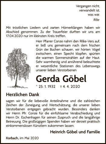 Traueranzeige von Gerda Göbel von WLZ