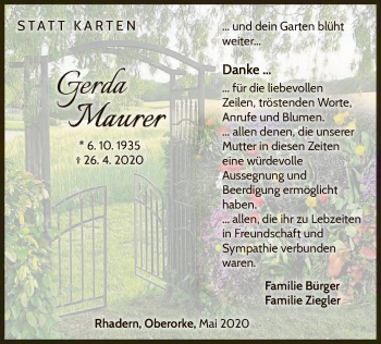 Traueranzeige von Gerda Maurer von WLZ