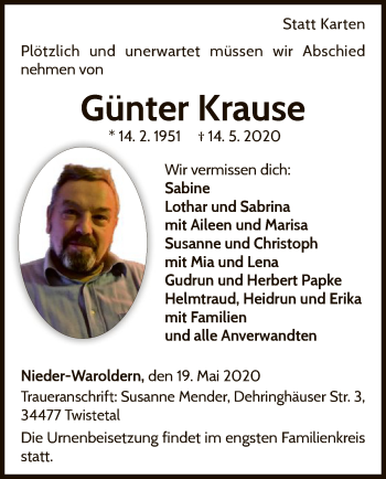 Traueranzeige von Günter Krause von WLZ