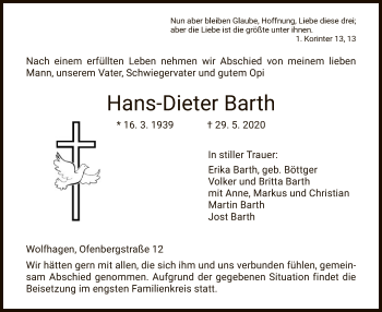 Traueranzeige von Hans-Dieter Barth von HNA