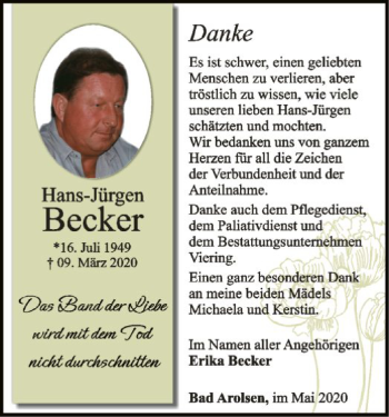 Traueranzeige von Hans-Jürgen Becker von WLZ