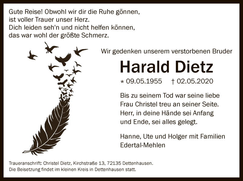  Traueranzeige für Harald Dietz vom 08.05.2020 aus WLZ