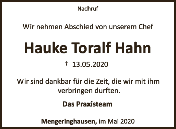 Traueranzeige von Hauke Toralf Hahn von WLZ