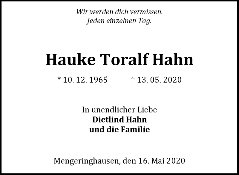  Traueranzeige für Hauke Toralf Hahn vom 16.05.2020 aus WLZ