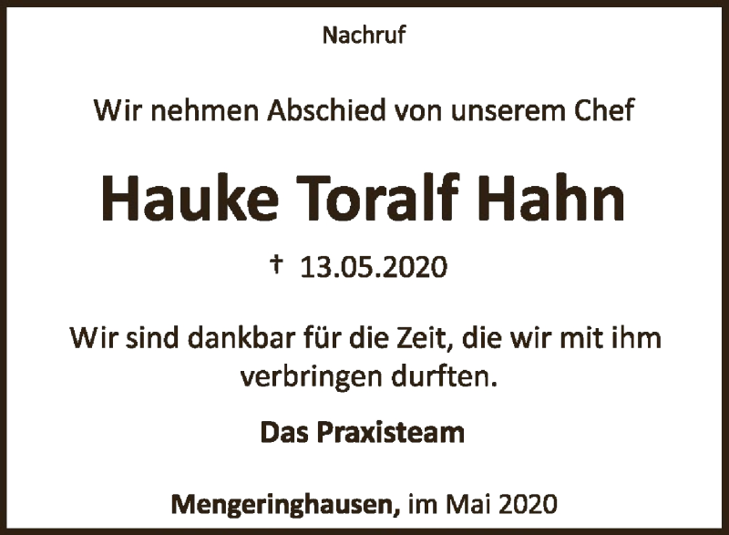  Traueranzeige für Hauke Toralf Hahn vom 20.05.2020 aus WLZ