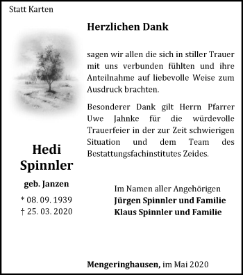 Traueranzeige von Hedi Spinnler von WLZ