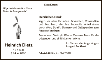Traueranzeige von Heinrich Dietz von WLZ