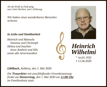 Traueranzeige von Heinrich Wilhelmi von WLZ