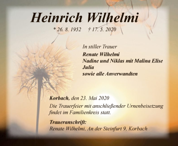 Traueranzeige von Heinrich Wilhelmi von WLZ
