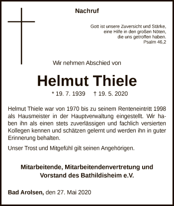 Traueranzeige von Helmut Thiele von WLZ