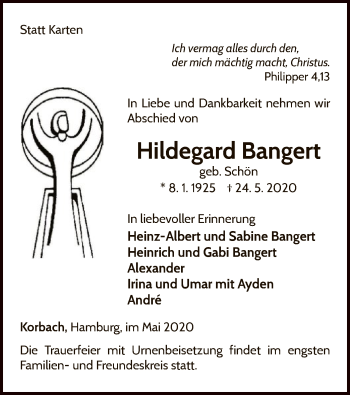 Traueranzeige von Hildegard Bangert von WLZ