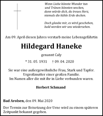 Traueranzeige von Hildegard Haneke von WLZ