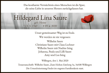 Traueranzeige von Hildegard Lina Saure von WLZ