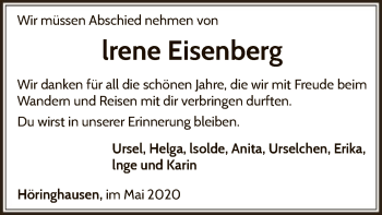 Traueranzeige von Irene Eisenberg von WLZ