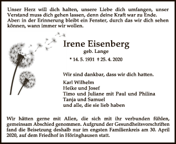 Traueranzeige von Irene Eisenberg von WLZ