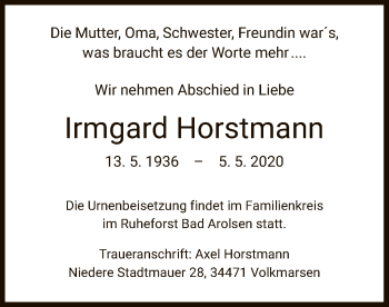 Traueranzeige von Irmgard Horstmann von HNA