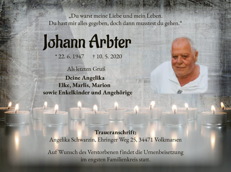  Traueranzeige für Johann Arbter vom 16.05.2020 aus WLZ