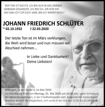 Traueranzeige von Johann Friedrich Schlüter von WLZ