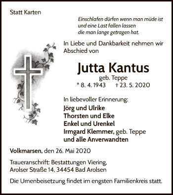 Traueranzeige von Jutta Kantus von WLZ